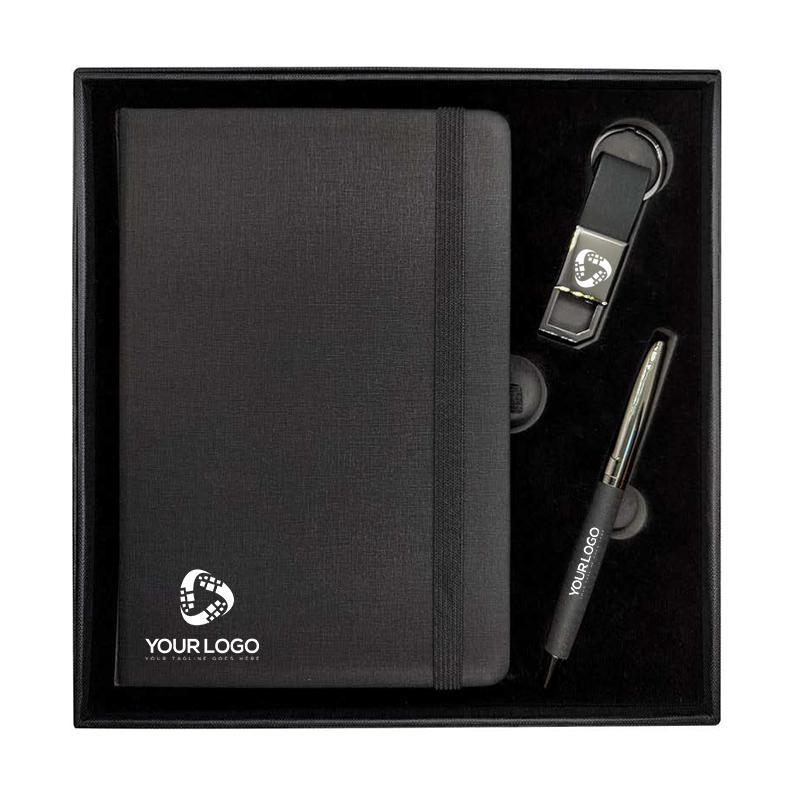 Premium Gift Set with Fabric Notebook, Gun Metal Pen & Keyring